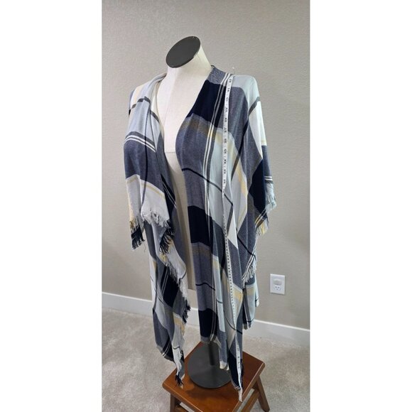 Plaid Open Front Kimono Wrap With Frayed Hem For Women Maurice - Picture 2 of 8